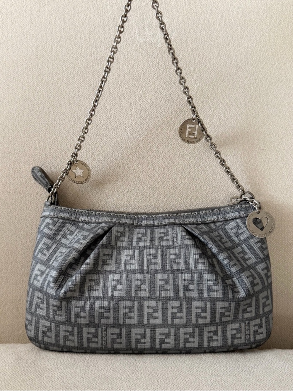 Fendi Gray Zucchino Leather Mini Charm Pochette Shoulder Bag